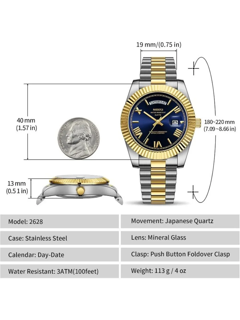 Nibosi Men's Silver Gold Analog Quartz Blue Face Waterproof Desiger Wrist Watch